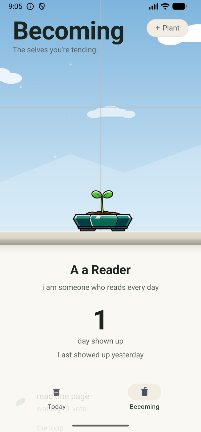 The Becoming app — your windowsill: a tree grown from months of showing up